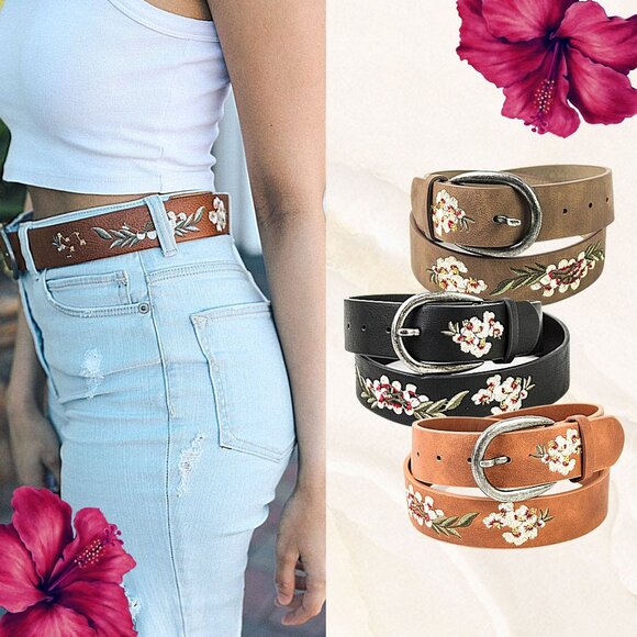 Boho Grow Studio Accessories - Beautiful Hand-Embroidered Floral Boho Style Vegan Leather Belt with Buckle